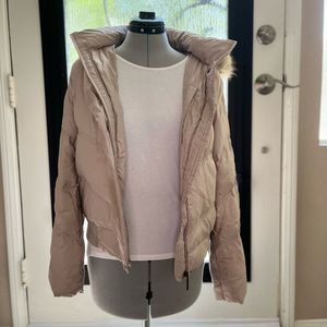 Indivi Hooded Puffer Coat Attachable Hood Tan EUC Fur Coat Lining Hood Sz: Large